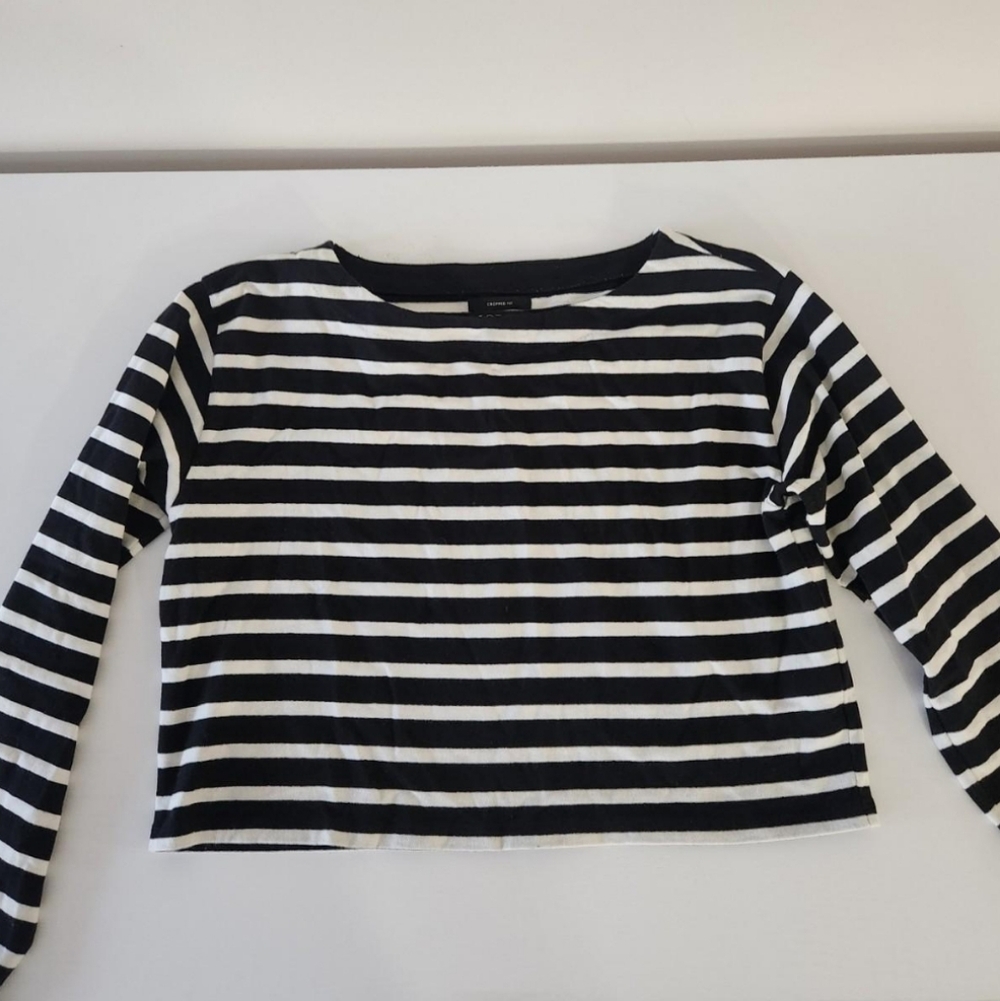 J. Crew Black and White Striped Long-Sleeve Crop Top